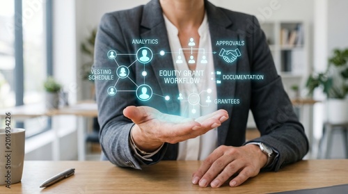 Business professional displaying equity grant workflow hologram with analytics, approvals, and documentation icons. Employee compensation and stock option management concept.
