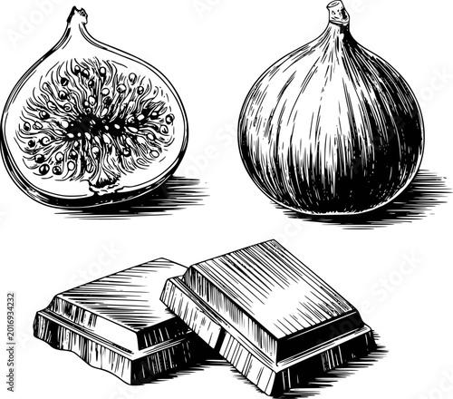 Fotografía Black and white engraving of a whole fig, halved fig, and chocolate bars white b