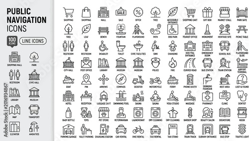 Bild auf Leinwand Public Navigation Line Icons Set for City Map Wayfinding and Urban Infrastructur