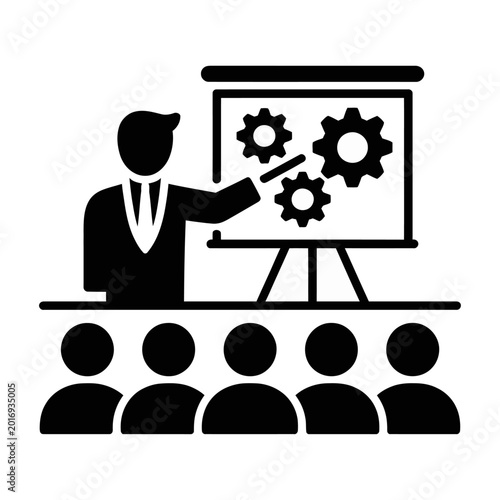 Business trainer teaching gear mechanics to audience flat design vector
