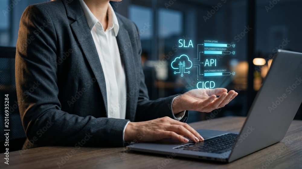 Fototapeta premium Business professional displaying SLA, API, and CICD hologram from laptop. Cloud infrastructure, DevOps deployment, and software development concept.