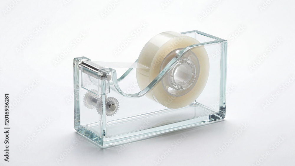 Naklejka premium Transparent tape dispenser isolated on white background for office supplies