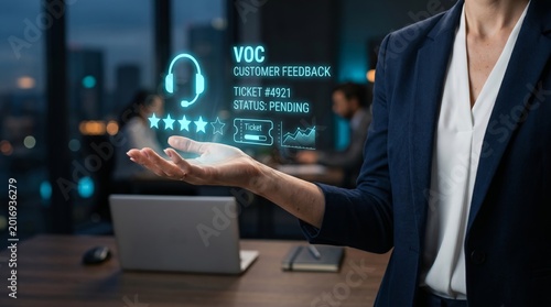 Business professional displaying holographic customer feedback interface with five-star rating. Voice of customer VOC support ticket management and service quality concept.