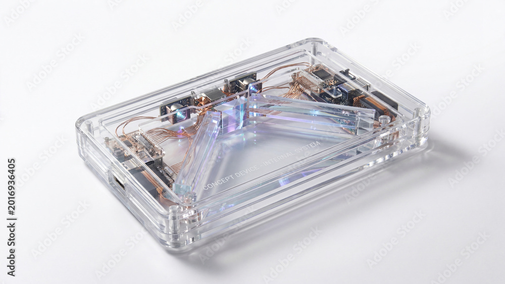 Fototapeta premium Transparent electronic device with internal components on white background