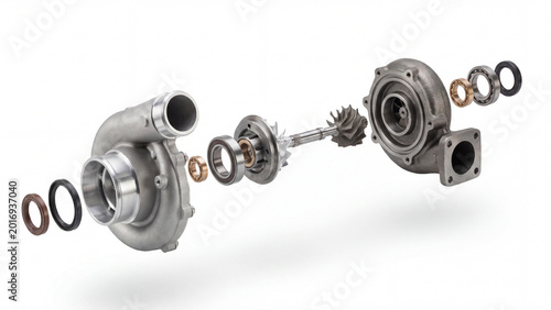 Exploded view of a mechanical turbocharger on a white background components shown