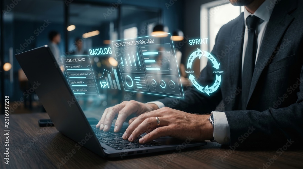 Fototapeta premium Businessman using laptop with holographic agile project management dashboard. Sprint planning, KPI metrics, task tracking, and digital workflow concept.