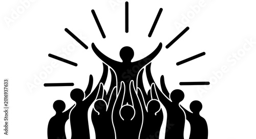 Tableau sur toile Triumphant person being lifted by a supportive team, celebrating success and unity, isolated white background