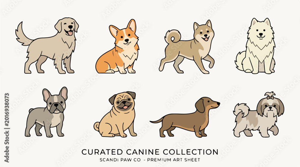 Fototapeta premium Illustration of nine different dog breeds in a curated collection on a white background with a flat design style and a clean, organized composition.