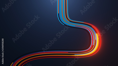 Abstract neon light trails flow across a dark blue background