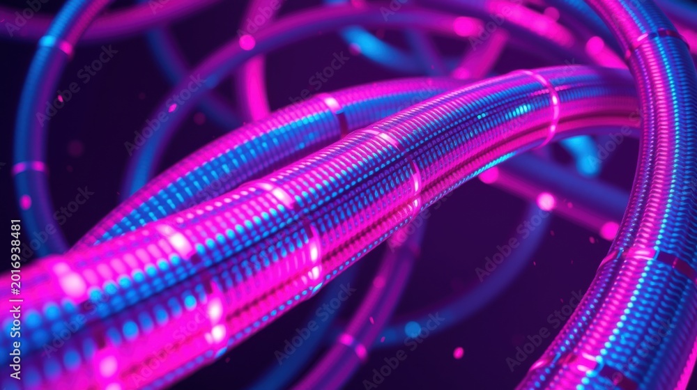 Fototapeta premium Abstract neon tubes, vibrant pinks, blues create futuristic network. Complex curves, glowing lines suggest digital connections.