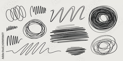 Valokuva Hand Drawn Scribble Doodle Elements Set with Sketch Lines and Circular Strokes