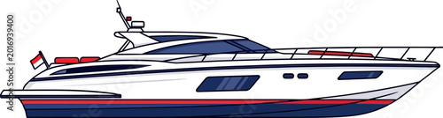 Yacht cruising across the open ocean displays a polished white hull and deep blue trim reflecting the bright sunlight.