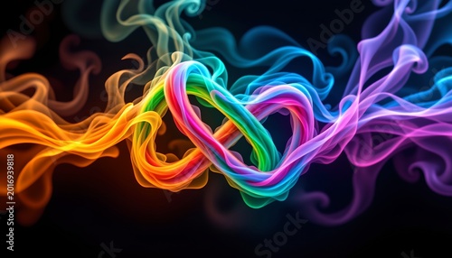 A vibrant, multicolored smoke pattern twists and intertwines against a dark background, creating a dynamic and eye catching visual