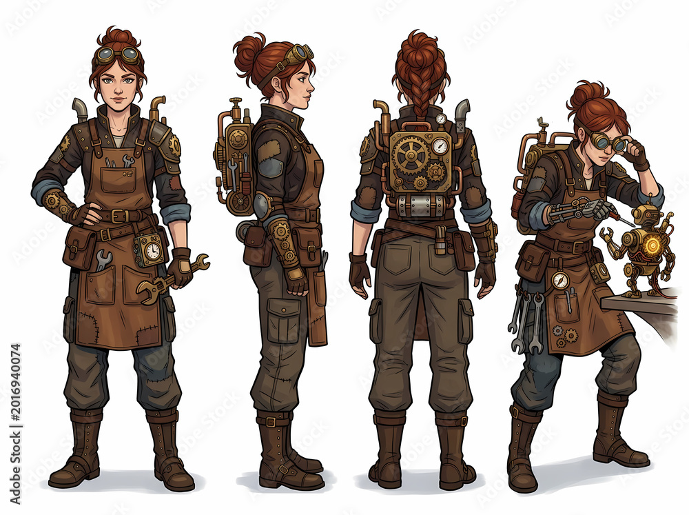 Fototapeta premium Steampunk female mechanic character sheet with robot companion.