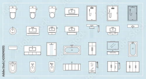 Quadro su tela Collection of simple line art icons representing bathroom fixtures and accessories