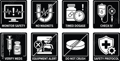Schilderij op canvas Medical Safety and Healthcare Warning Icon Set with Timed Dosage IV Monitoring a
