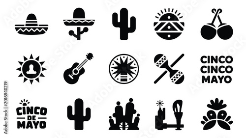 Collection of flat silhouette icons representing mexican culture and cinco de mayo celebrations featuring sombreros cacti maracas guitars and festive text elements for vibrant