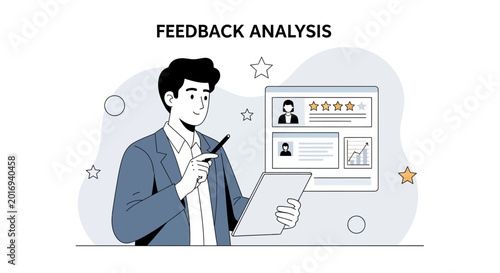 Man Analyzing Feedback on Tablet, Customer Reviews & Ratings Displayed