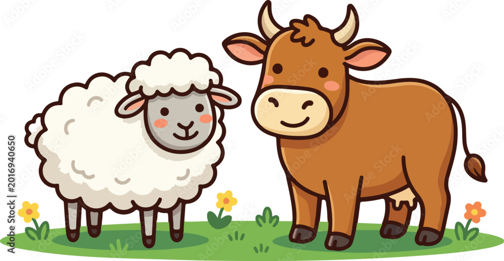 Obraz premium Cute cartoon cow and sheep on grass, Qurbani livestock illustration for Eid al-Adha