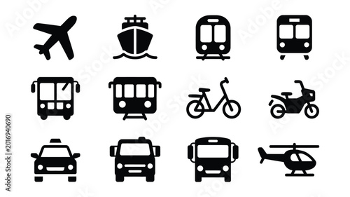 Fotografia Black and white vector icons of transportation modes including airplane ship tra