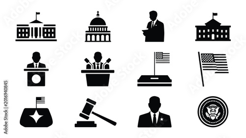Konstfotografi Silhouette collection of 12 minimalist icons featuring government buildings flag