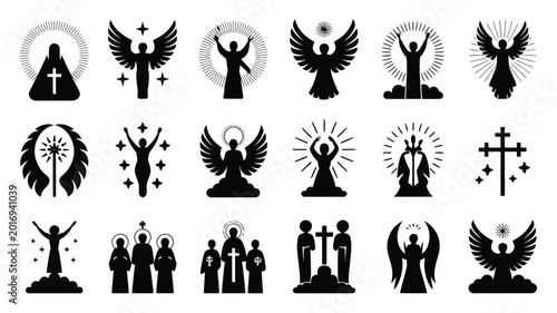 Tablou pe pânză Black and white vector illustrations of angels crosses and religious figures wit