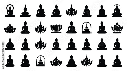 Tableau sur toile Collection of 30 minimalist buddha icons featuring meditative poses and lotus sy