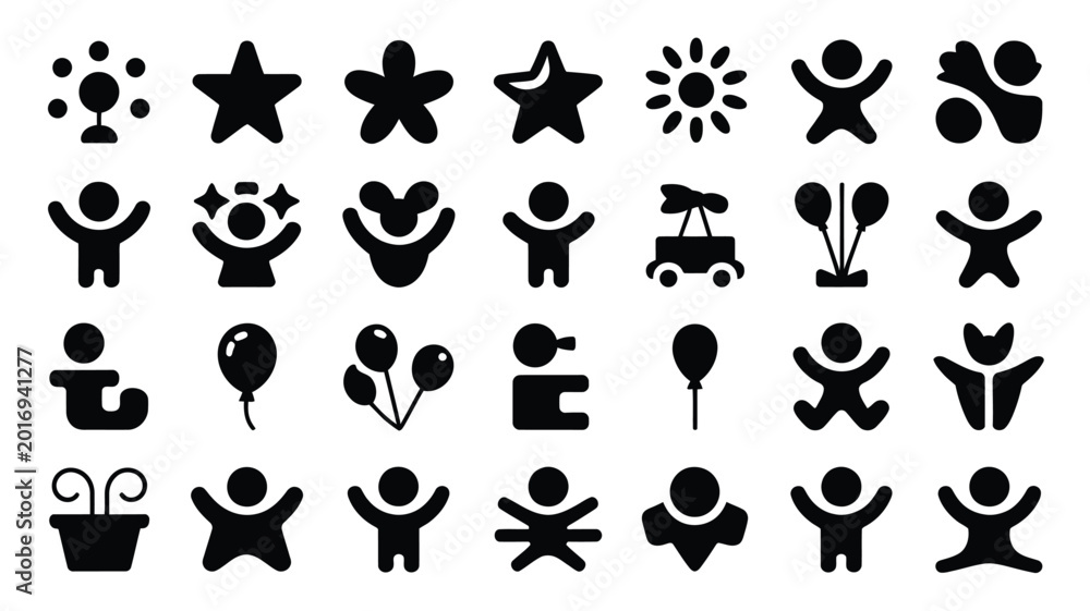 Fototapeta premium Black silhouette icons of children celebrating with balloons stars hearts and festive symbols in a playful style