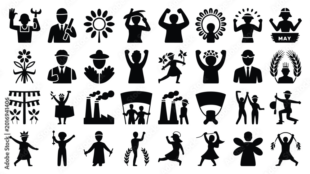 Obraz premium Black silhouettes of 30 diverse figures in dynamic poses including symbols people and abstract shapes isolated on white background vector illustration