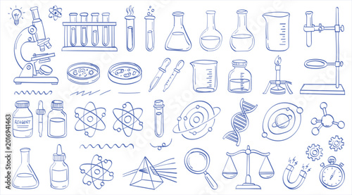 Collection of hand drawn science laboratory equipment, microscope, test tubes, beakers, atoms, DNA, and other scientific research tools in doodle style.