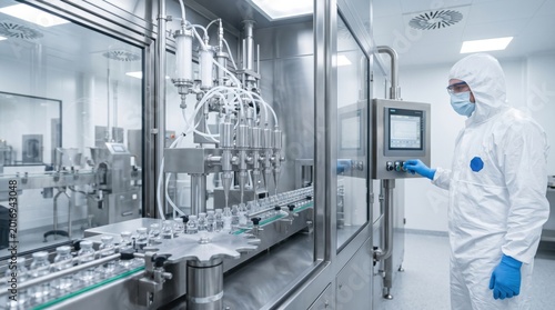 Automated sterile filling machine dispenses clear liquid into glass vials, showing pharmaceutical production, cleanroom workflow and contamination control.