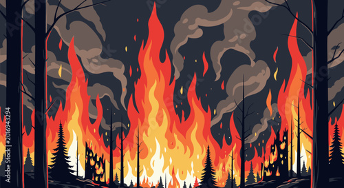 Forest fire illustration dramatic flames and smoke against a dark sky