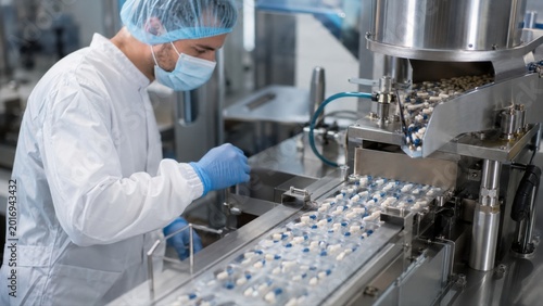 Generic capsules enter blister cavities on automated packaging line, showing pharmaceutical production, hygiene and medicine packaging quality control.