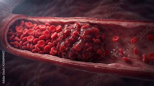Blood clot thrombus blocking red blood cells stream artery concept. Close-up of blood vessel with red blood cells and a thrombus formation.