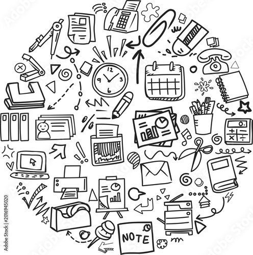 Office Management and Desk Tools Central Circle Cluster Dense Doodle