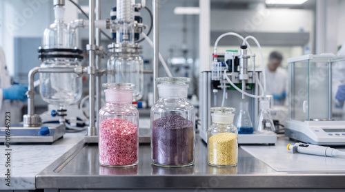 Extraction process of precious rare earth elements refinement concept. Colorful laboratory samples in glass jars ready for analysis.