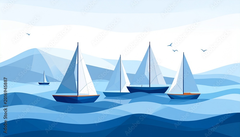 Naklejka premium Sailboats gliding on calm sea under distant mountain range