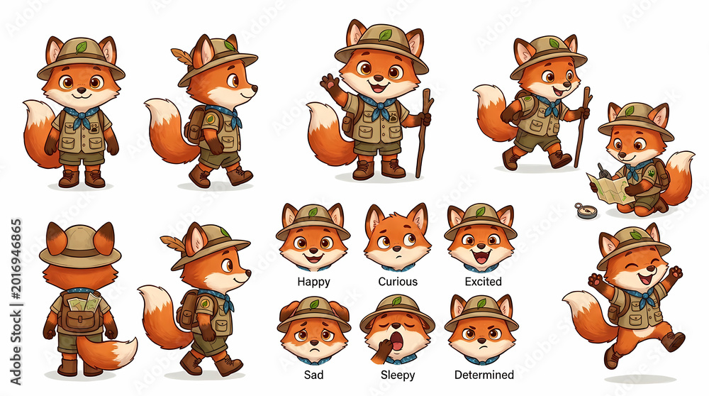 Obraz premium Cute Fox Explorer Character Set with Various Poses and Facial Expressions.