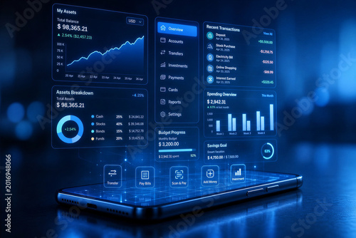 Futuristic Fintech Mobile Banking Application with Holographic Data Visualization Charts, Assets Management Dashboard and Digital Investment Growth Concept on Smartphone