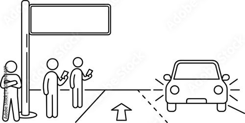 Cuadro en lienzo Minimalist Line Art Illustration of Pedestrians, Street Sign, and Car on the Roa