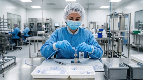 Technician connects catheter tubing to sterile component, showing precision assembly and clean medical device manufacturing workflow.