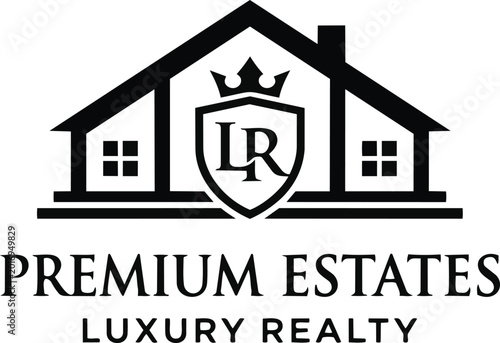 Photos Luxury real estate logo with house silhouette and crown crest, premium estates b