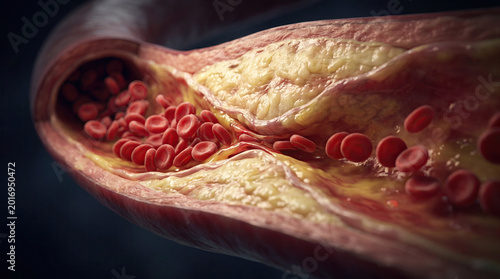 Blocked blood vessel artery poor circulation risks heart health concept. Detailed close-up of blood vessels illustrating health concepts.