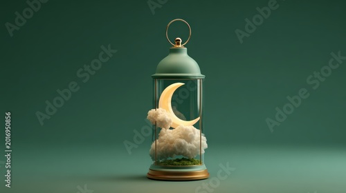 3d glowing lantern holding soft cloud and crescent moon floating inside against rich green background, dreamy islamic inspired night atmosphere, peaceful spiritual symbolism, modern digital illustrati