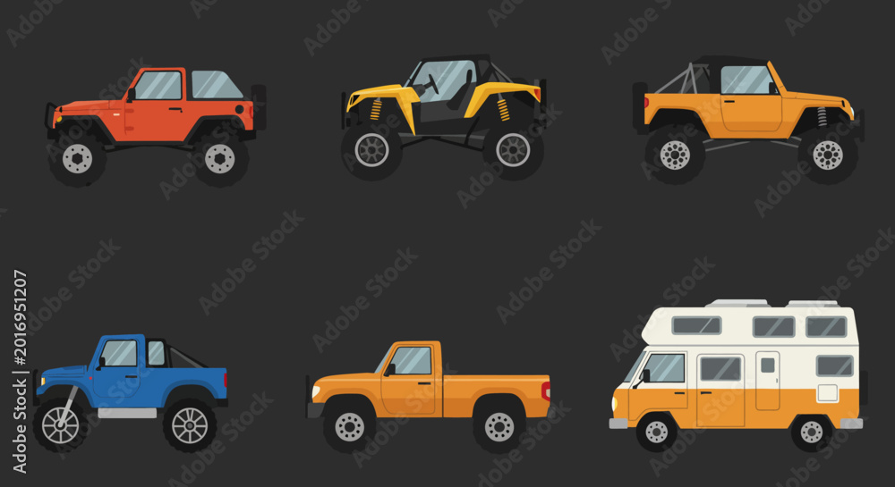 Naklejka premium Collection of Diverse OffRoad Vehicles and Recreational Transport.