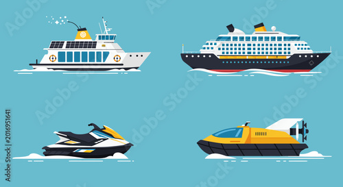 Schilderij op canvas Collection of Watercraft Including Cruise Ship Jet Ski and Hovercraft