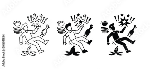 Photos Man Slipping on Banana Peel, Falling Accident, Danger Icons Set