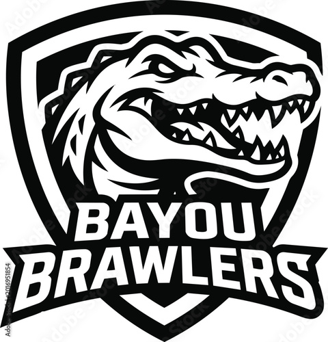 Bayou Brawlers alligator mascot logo, aggressive crocodile sports emblem on shield, black and white swamp reptile vector illustration for gaming