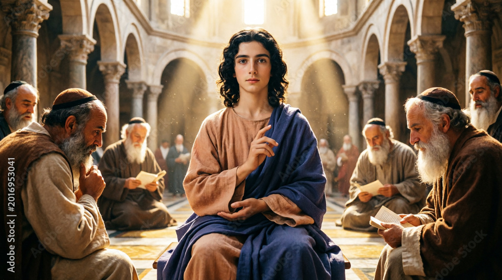 Fototapeta premium Young Jesus amazes temple elders with divine wisdom and knowledge at age twelve.