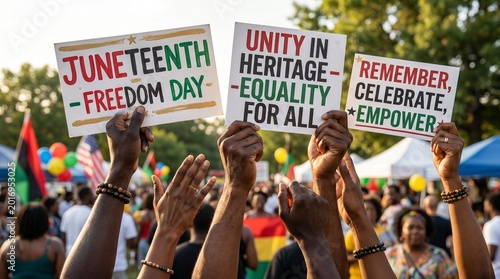 Hands holding Juneteenth signs during celebration in summer park  